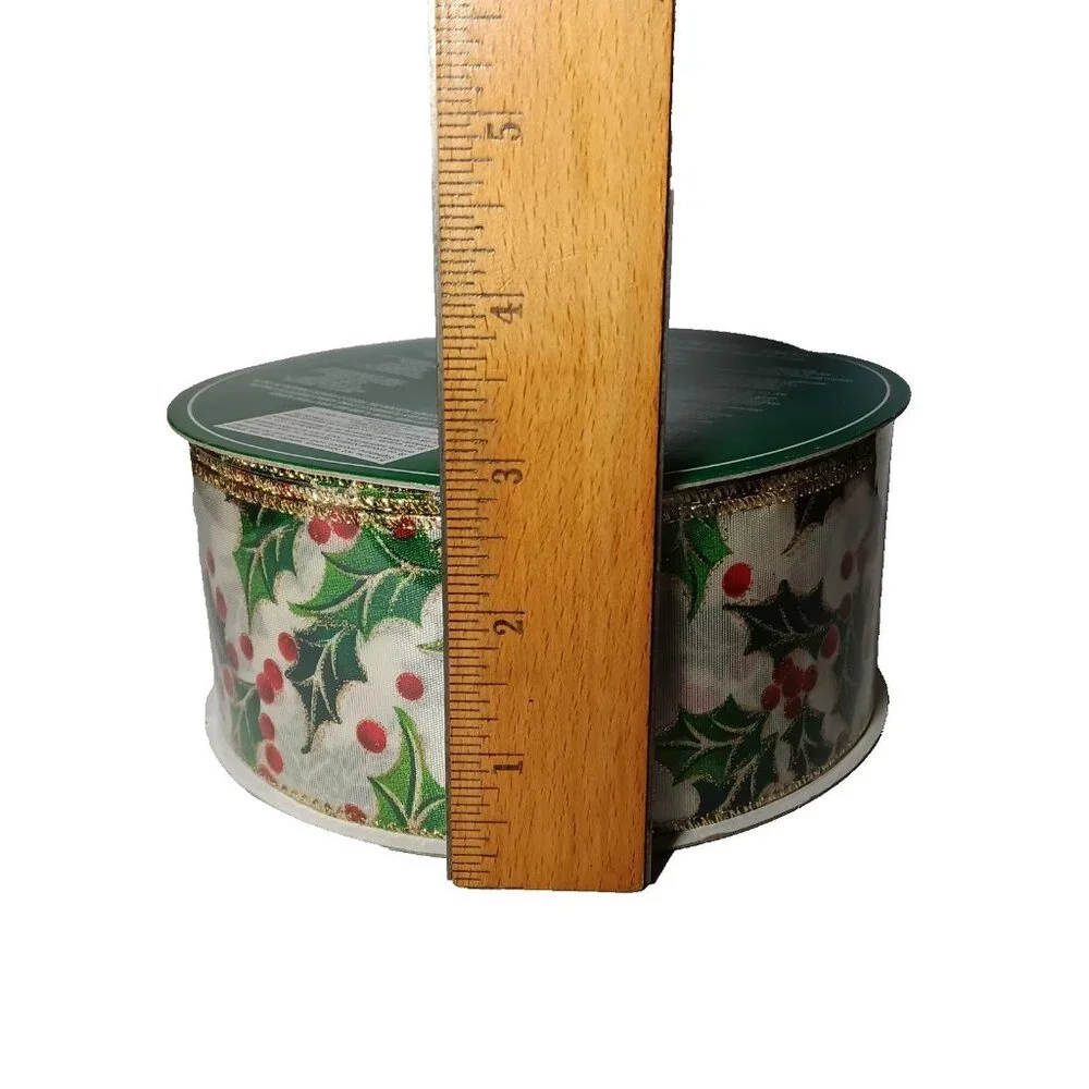 Wire-Edged Ribbon Wide Gold Glittered Holly Ivy Berries 2.5